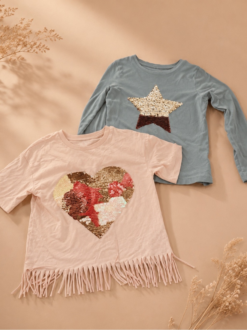 F&F Pink Sequin Heart Fringe Tee + Blue Flip Sequin Star Top Bundle 6-7 Years